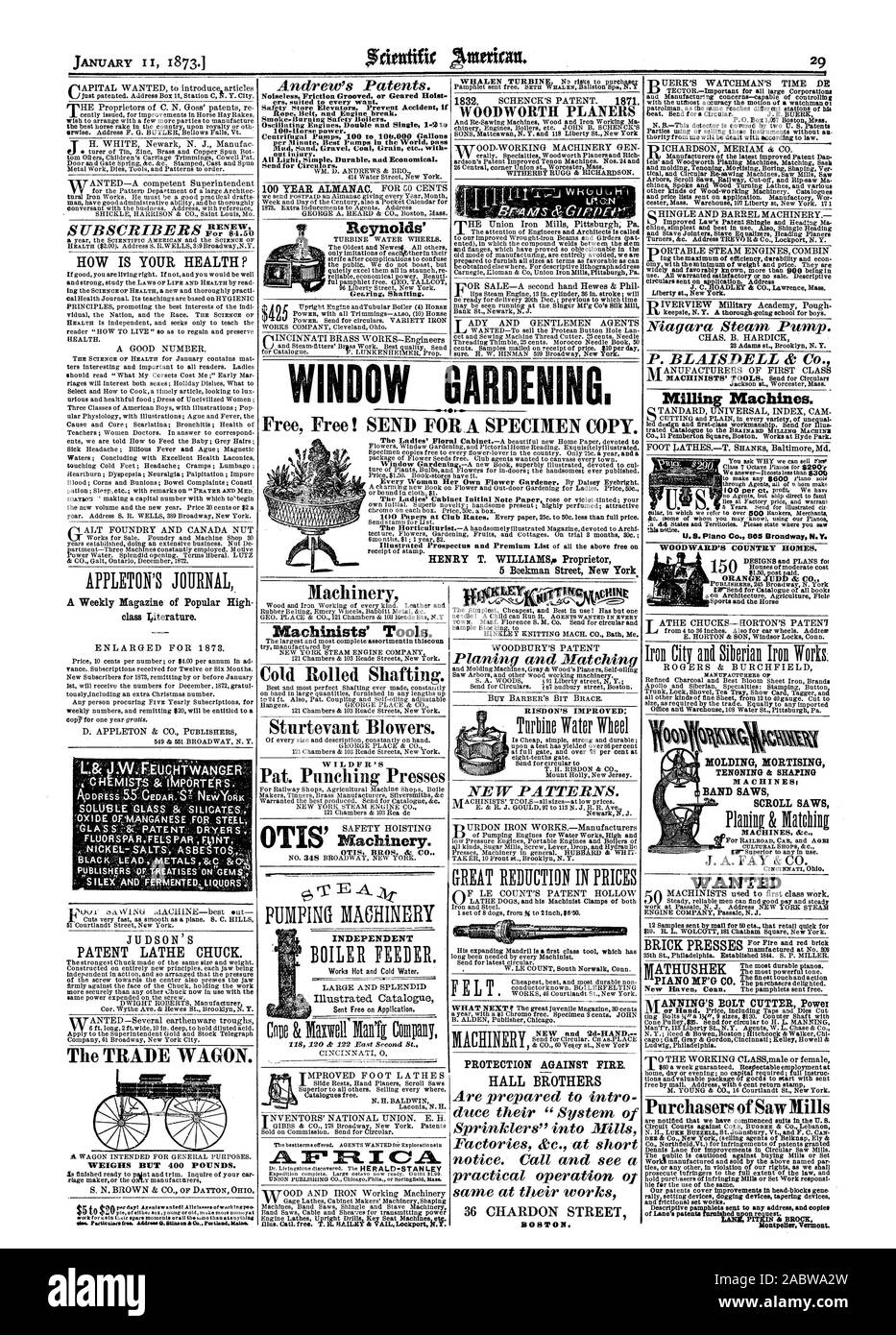 Fluorite FELS PAR il carro del commercio. 'MST PESA MA 400 libbre. JUDSON brevetto del mandrino del tornio. Cataloghi gratuiti. N. H. BALDWIN 8 120 & 122 East secondo St indipendente di grande e splendido catalogo illustrato Woodward's Country Homes. ORANGE JUDD & CO. Sport e il cavallo Fresatrici. La progettazione e la fabbricazione di prima classe. Inviare per Illus quotato catalogo all'BRAINARD iguana macchina Free gratis! Per inviare una copia campione. La ricezione del timbro. Macchine &c., Scientific American, 1873-01-11 Foto Stock