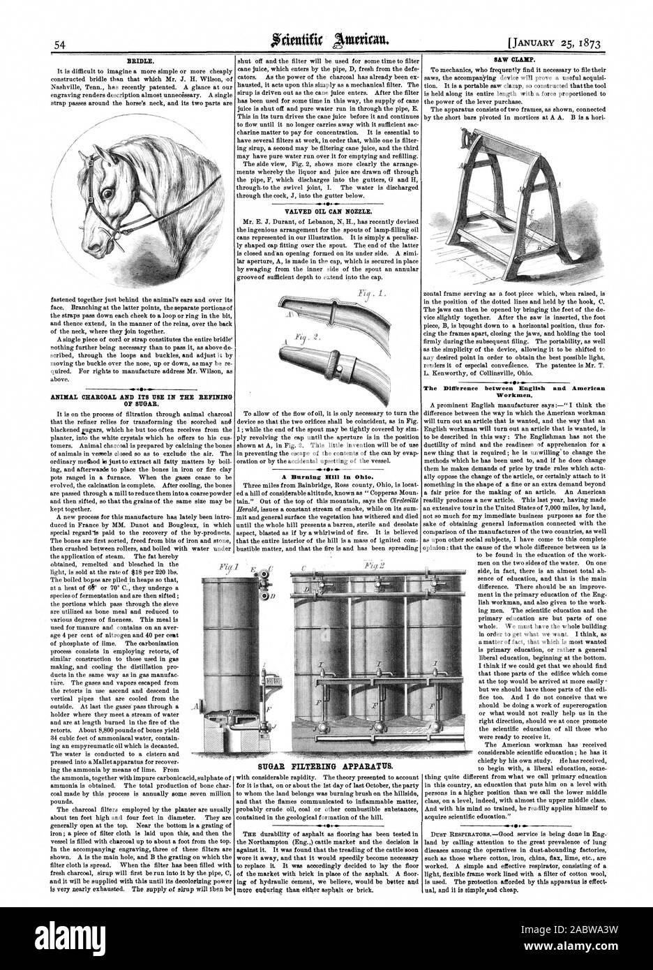 Briglia. Carbone animale e la sua utilizzazione per la raffinazione di zucchero. Olio valvolata ugello può una collina di masterizzazione in Ohio. Zucchero apparato di filtraggio. Visto il morsetto. La differenza tra la versione inglese e American operai 0HUI6F-J, Scientific American, 1873-01-25 Foto Stock
