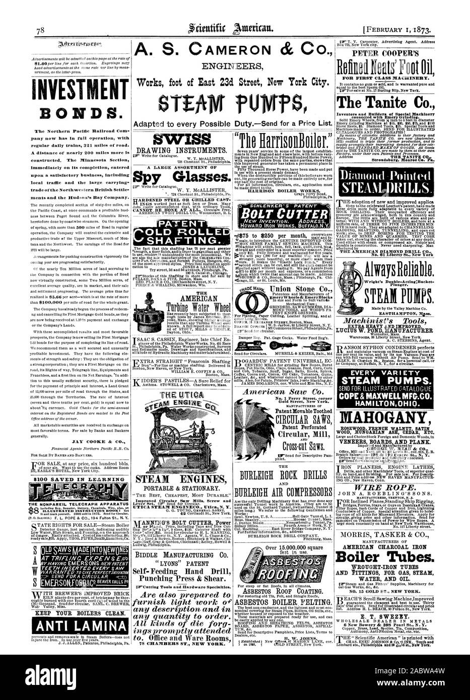A. S. CAMERON & CO. Tecnici lavora piede di East 23d Street a New York City. fU legami di investimento. l'egli Northern Pacific Railroad Com pany ha ora in pieno funzionamento con regolari treni giornalieri 321 miglia di strada. A distanza di quasi 200 miglia più è costruito. La sezione del Minnesota immediatamente sul suo completamento inserito su di un soddisfacente business tra cui il traffico locale e il grande commercio portante della Northwestern British Settle sione e la Compagnia della Baia di Hudson. JAY COOKE & CO. Mantenere il vostro caldaie pulita. LAMINA ANTI AMERICAN LA tITGQA ° "". motori a vapore portatili e stazionari. Migliorata Foto Stock A. S. CAMERON & CO. Tecnici lavora piede di East 23d Street a New York City. fU legami di investimento. l'egli Northern Pacific Railroad Com pany ha ora in pieno funzionamento con regolari treni giornalieri 321 miglia di strada. A distanza di quasi 200 miglia più è costruito. La sezione del Minnesota immediatamente sul suo completamento inserito su di un soddisfacente business tra cui il traffico locale e il grande commercio portante della Northwestern British Settle sione e la Compagnia della Baia di Hudson. JAY COOKE & CO. Mantenere il vostro caldaie pulita. LAMINA ANTI AMERICAN LA tITGQA ° "". motori a vapore portatili e stazionari. Migliorata Foto Stock