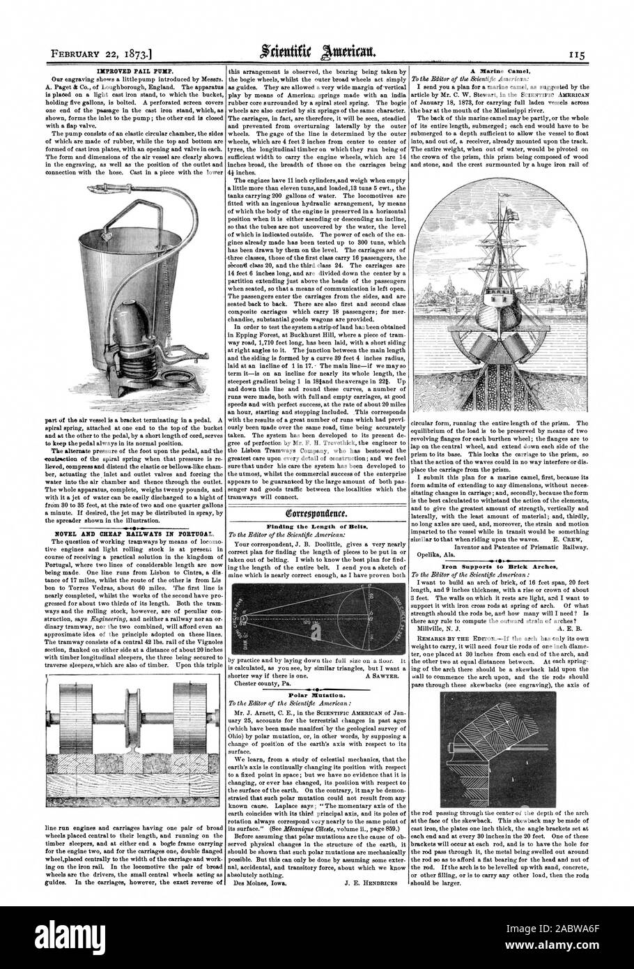 Febbraio 22 18731 trovando la lunghezza delle cinghie mutazione polare. Un cammello Marine. Supporti di ferro per archi in mattone., Scientific American, 1873-02-22 Foto Stock