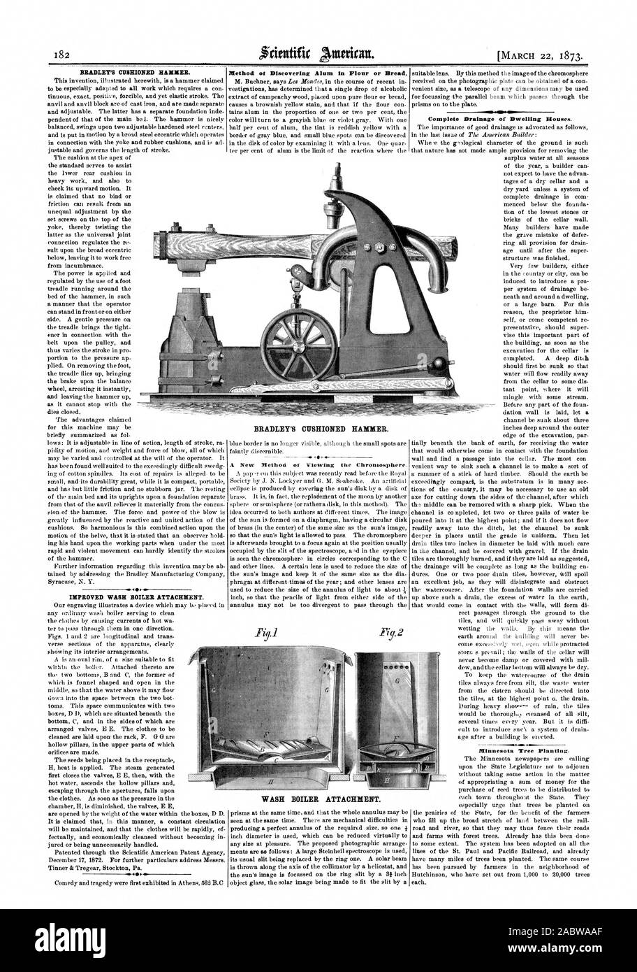 BRADLEY ammortizzazione martello. Lavaggio migliorato caldaia allegato. Metodo di scoperta di allume in farina o pane. Un nuovo metodo di visualizzazione dei Chromosphere. Lavare la caldaia allegato. Il drenaggio completo di case di abitazione. BRADLEY AMMORTIZZAZIONE MARTELLO., Scientific American, 1873-03-22 Foto Stock