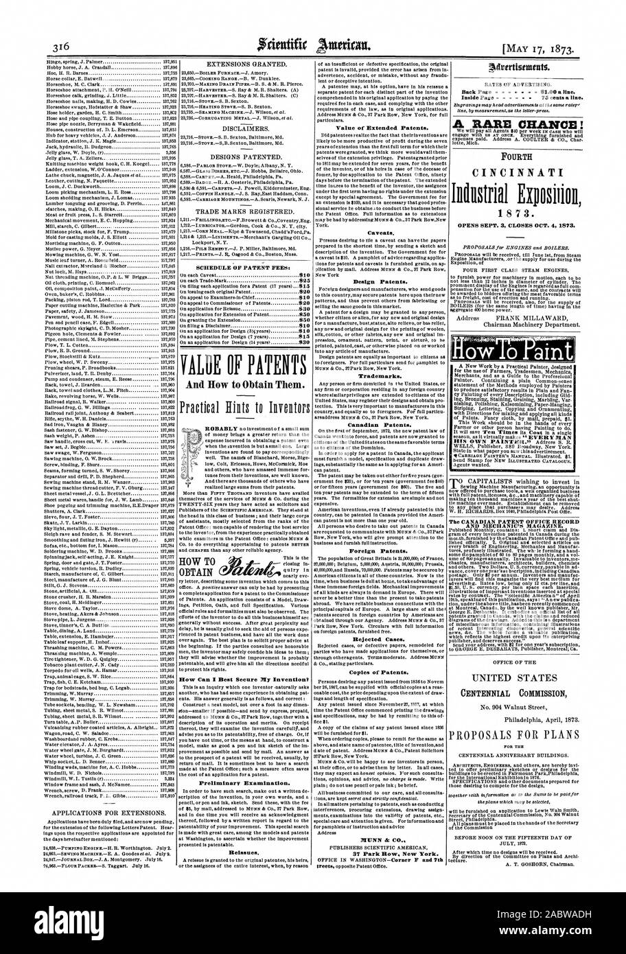 Valore dei brevetti e come ottenerli. Come T come posso meglio fissare la mia invenzione? Da un esame preliminare. Ristampe. Valore dei brevetti estesi. Avvertenze. I brevetti di design. Marchi di fabbrica. I brevetti canadesi. Brevetti stranieri. I casi respinti. Le copie dei brevetti. MUNN & CO. 37 Park Row New York. "Itivertistmtats. Torna alla pagina precedente pagina interna .00 una linea. 75 centesimi una linea. Quarto CINCINNATI Exposiiioll industriale apre Sett. 3 chiude l'OCT. 4 1873. La domanda di brevetto canadese RECORD OFFICE E MECCANICO DELLA RIVISTA DI CENTENNIAL COMMISSIONE .0, Scientific American, 1873-05-17 Foto Stock