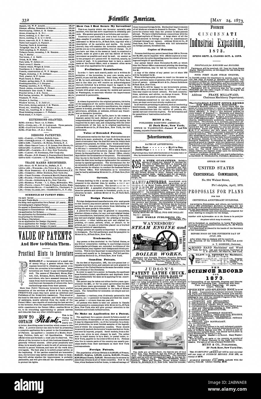 Elenco delle tasse principali in materia di brevetti: valore dei brevetti e come ottenerli. Come posso fissare meglio la mia invenzione? Da un esame preliminare. Ristampe. Valore dei brevetti estesi. Avvertenze. I brevetti di design. Marchi di fabbrica. I brevetti canadesi. Per fare una domanda per un brevetto. Brevetti stranieri. Le copie dei brevetti. MUNN & CO. 37 Park Row New York. Torna alla pagina precedente 01.00 una linea. Pagina interna 75 centesimi una linea. Ferro da stiro World Publishing Co. Pittsburgh Pa. brevetto mandrino del tornio. Il più forte CHUCK FATTO DELLE STESSE DIMENSIONI E PESO. Quarto CINCINNATI Iliclustrial Exposiiioll apre Sett. 3 chiude l'OCT. 4 1873. La domanda di brevetto canadese OFFICE Foto Stock