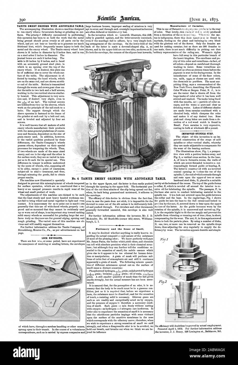 TANITE EMERY mola con tavolo regolabile. -40-10P 4 busta di bloccaggio. Profumeria e il senso dell'olfatto. Fabbricazione di Carmine. Mandrino migliorato il passo. 2 n. 4 TANITE EMERY mola con tavolo regolabile., Scientific American, 1873-06-21 Foto Stock