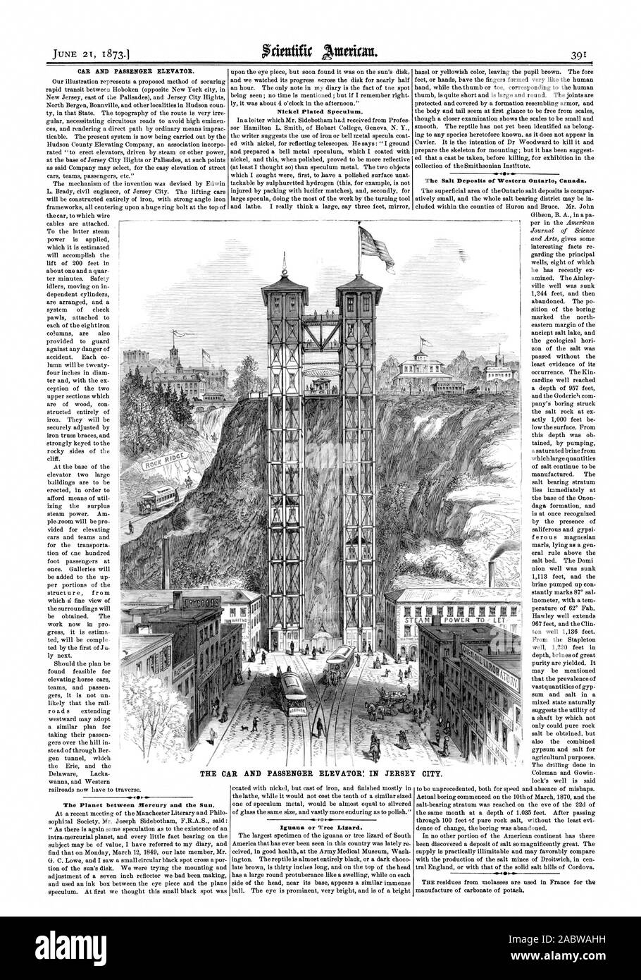 Passeggeri e auto, ascensore. Il Pianeta tra Mercurio ed il sole placcato in nichel Speculum. -41 depositi di sale di Western Ontari Canada. Ho Pi io ho il potere di lasciare l'AUTO E PASSEGGERI' ASCENSORE IN JERSEY CITY., Scientific American, 1873-06-21 Foto Stock