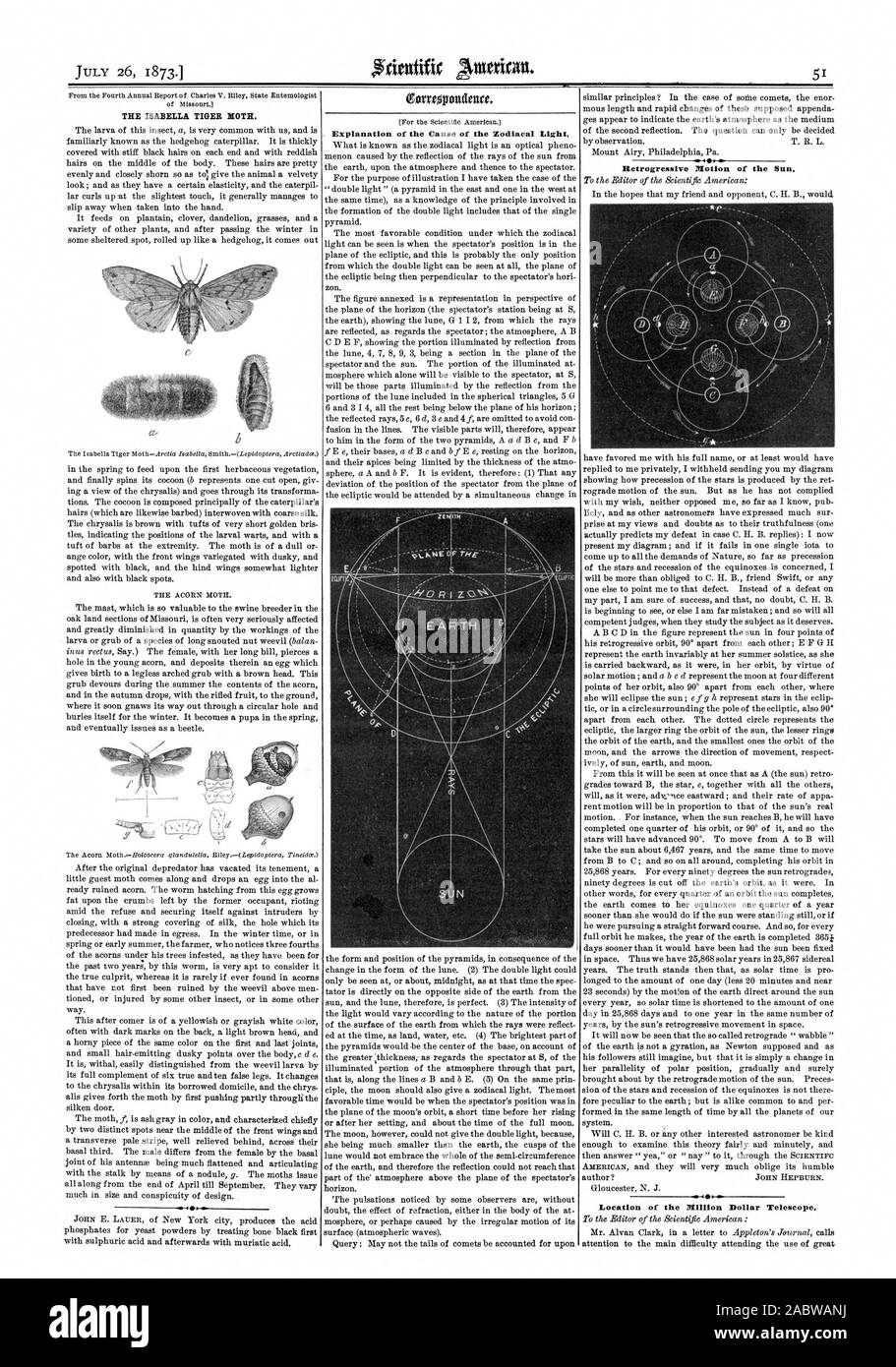 L'Isabella TIGER MOTH. Spiegazione della causa della luce zodiacale., Scientific American, 1873-07-26 Foto Stock