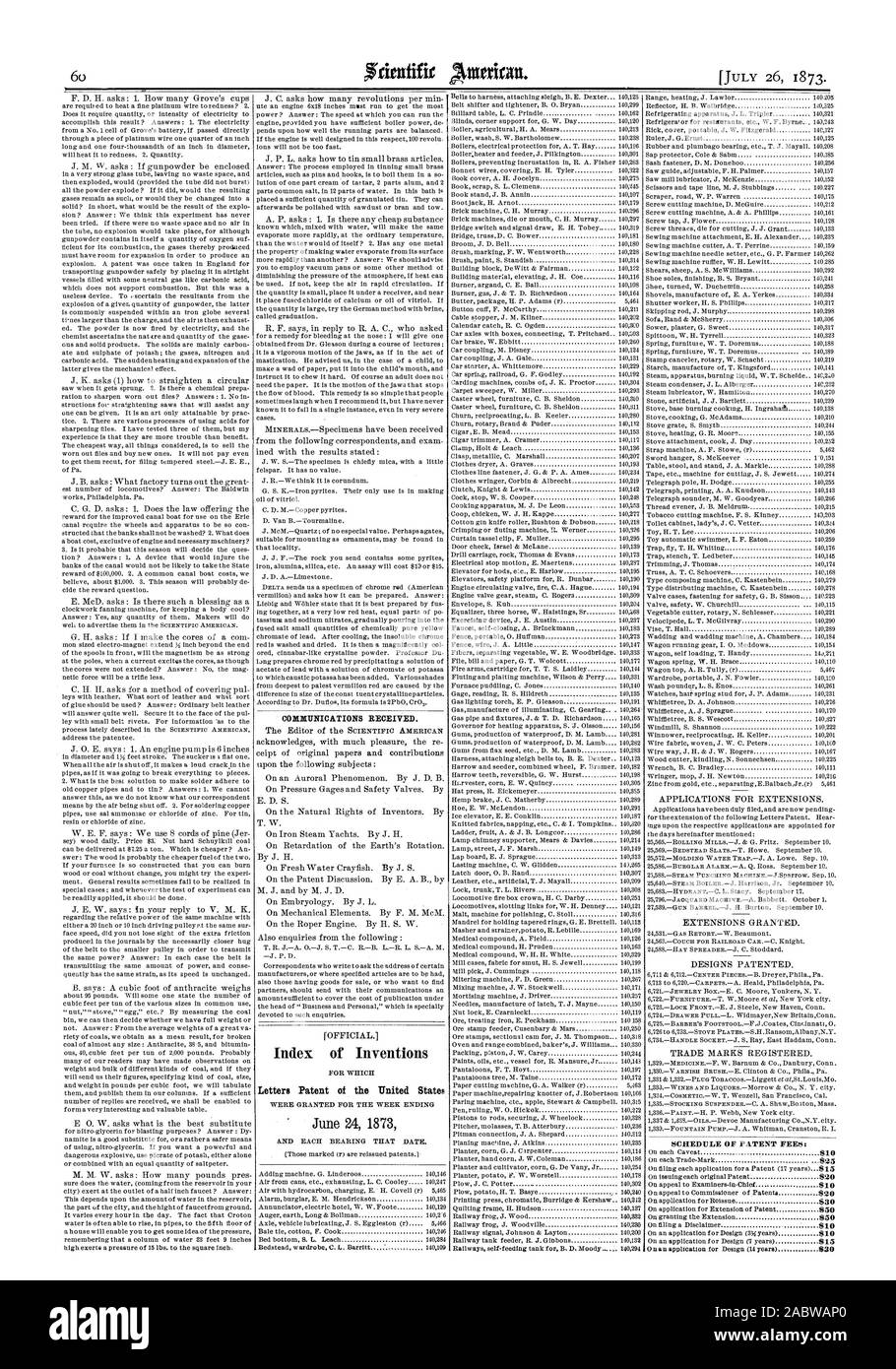 Comunicazioni ricevute. (Gazzetta. Indice delle invenzioni lettere di Brevetto degli Stati Uniti il 24 giugno 1873, Scientific American, 1873-07-26 Foto Stock