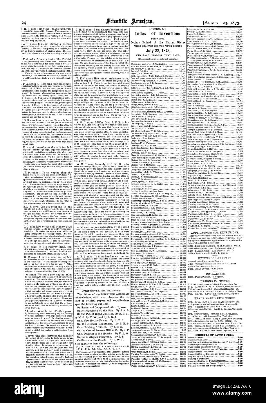 Indice delle invenzioni lettere di Brevetto degli Stati Uniti Luglio 22 1873 PROGRAMMA DI DIRITTI DI BREVETTO, Scientific American, 1873-08-23 Foto Stock