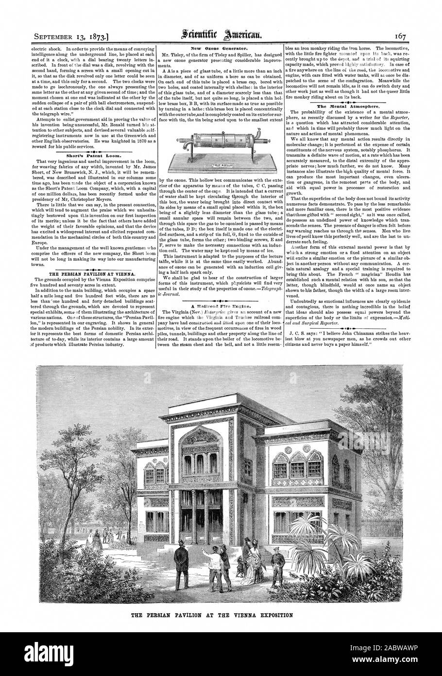Breve Brevetto del telaio. Nuovo generatore di ozono. L'atmosfera mentale. Il persiano padiglione presso l'esposizione di Vienna, Scientific American, 73-09-13 Foto Stock