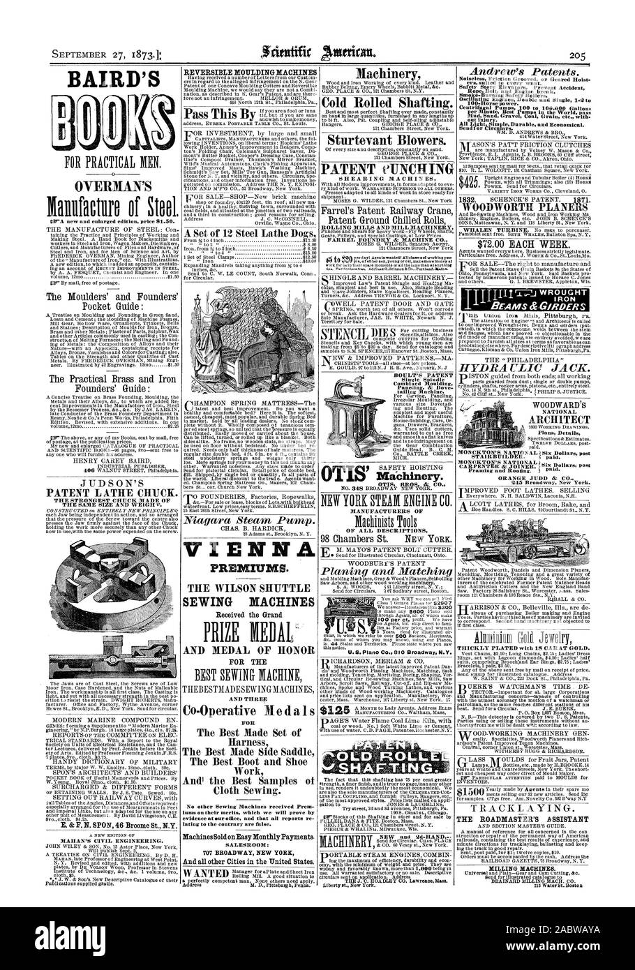 BAIRD OVERMAN DEL BREVETTO del mandrino del tornio. Il più forte CHUCK realizzata nello stesso formato e con un peso'''. E. & F. N. Spon 46 Broome San N.Y. MAHAN DI INGEGNERIA CIVILE. Reversibile DI MACCHINE PER LO STAMPAGGIO DEI PREMI DI VIENNA. La navetta WILSON DI MACCHINE DA CUCIRE E Medal of Honor per la e Co-Operative tre medaglie per le migliori serie di fatti meglio sella laterale il miglior avvio e scarpa e' i migliori campioni di panno di cucitura. Nessun altro macchine per cucire ricevuto Prem. tams in base ai loro meriti che ci permetterà di dimostrare con prove presso la nostra Bice e che tutti i rapporti re relativa al contrario sono false. Le macchine vendute sul mensile facile Foto Stock