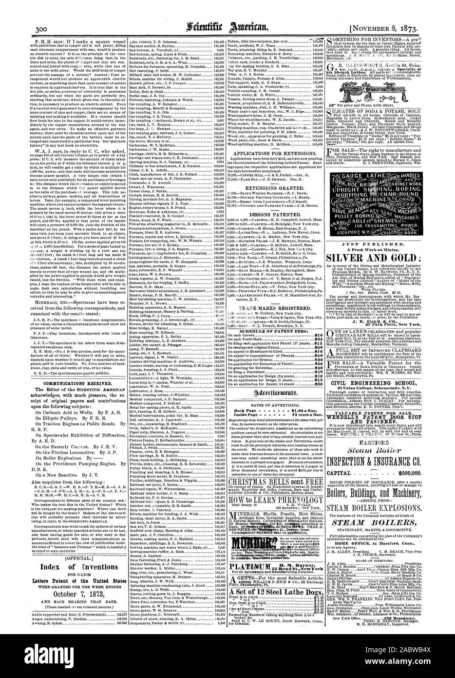 Indice delle invenzioni per le quali lettere di Brevetto degli Stati Uniti sono stati concessi per la settimana che termina il 7 ottobre 1873 PROGRAMMA DI DIRITTI DI BREVETTO: Indietro Pagina $1.00 una linea. Pagina interna 75 centesimi una linea. Un set di 12 tornio in acciaio cani montante sagomatura. Noioso. Incastra e sedia-round appena pubblicato un nuovo lavoro sulla Mininu. Argento e Oro: 27 Park Place New York INGEGNERIA CIVILE Scuola di Union College di Schenectady N.Y. WENDELL brevetto dell'arresto della porta e il dispositivo di fissaggio. HARTFORD CAPITALE 500000 dollari. yistawrossavarthis. HOME OFFICE di Hartford Connecticut, Scientific American, 1873-11-08 Foto Stock