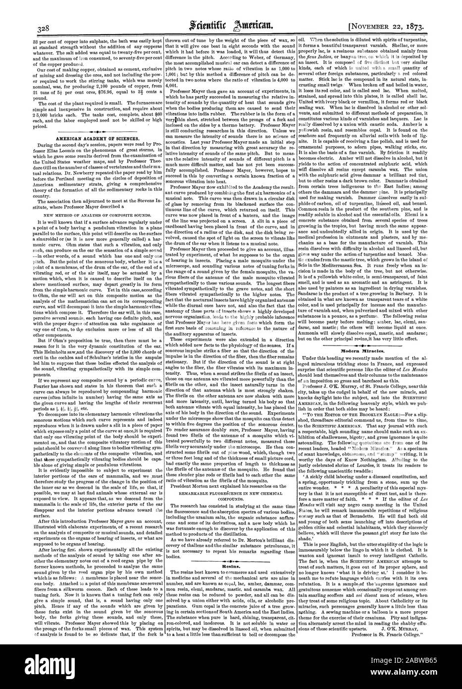 AMERICAN Academy of Sciences. Nuovo metodo di analisi dei suoni di composito. Notevole FLUOREgCENCE in nuovi composti chimici. Resine. Moderni miracoli., Scientific American, 1873-11-22 Foto Stock