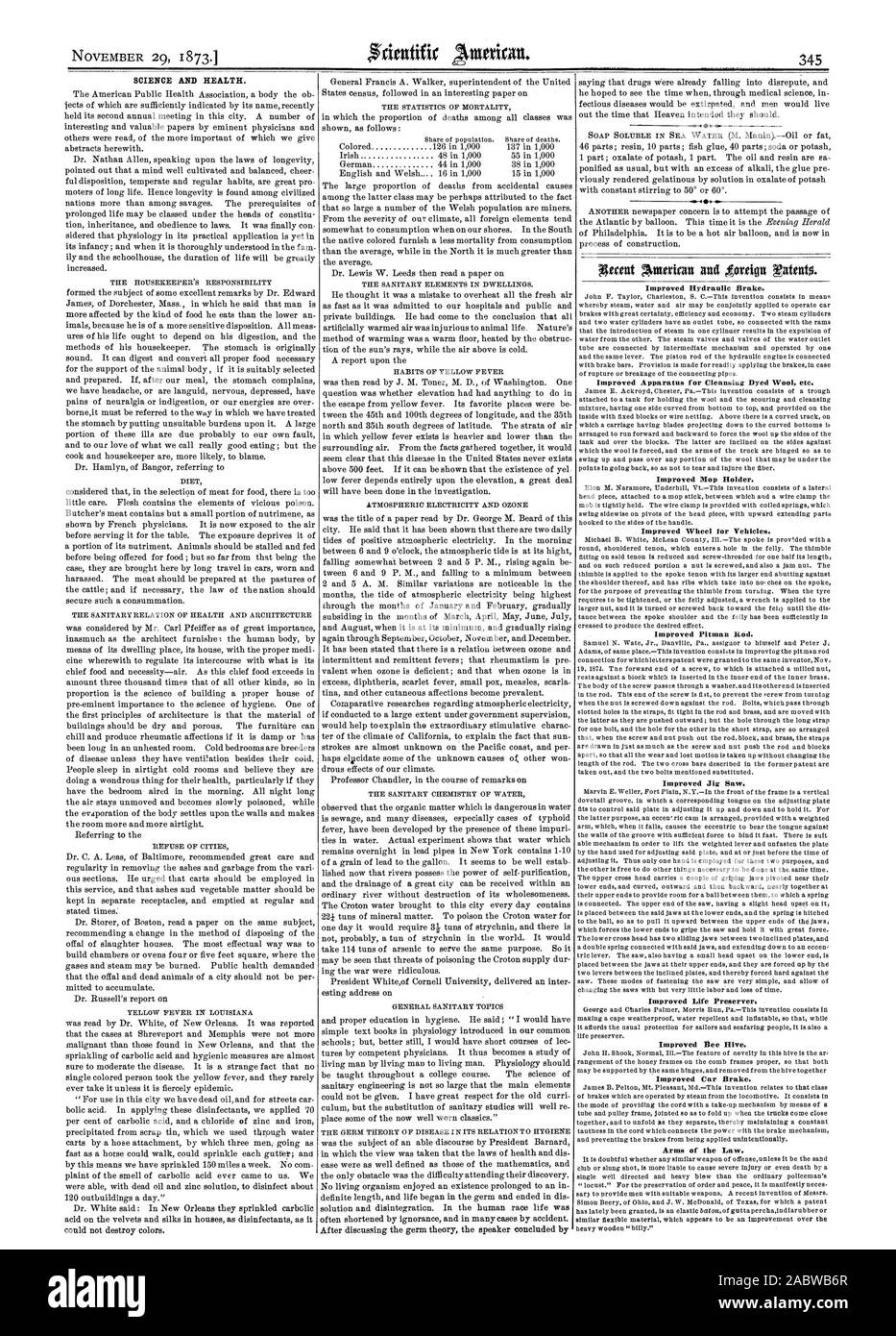 Scienza e Salute. Miglioramento del freno idraulico. Apparecchiatura perfezionata per la pulizia di lana tinto ecc. Migliorato supporto mop. Ruota perfezionata per veicoli. Migliorata l'asta di rinvio. Miglioramento seghetto alternativo. Miglioramento salvagente. Miglioramento Bee Hive. Miglioramento del freno per auto. Bracci della legge., Scientific American, 1873-11-29 Foto Stock