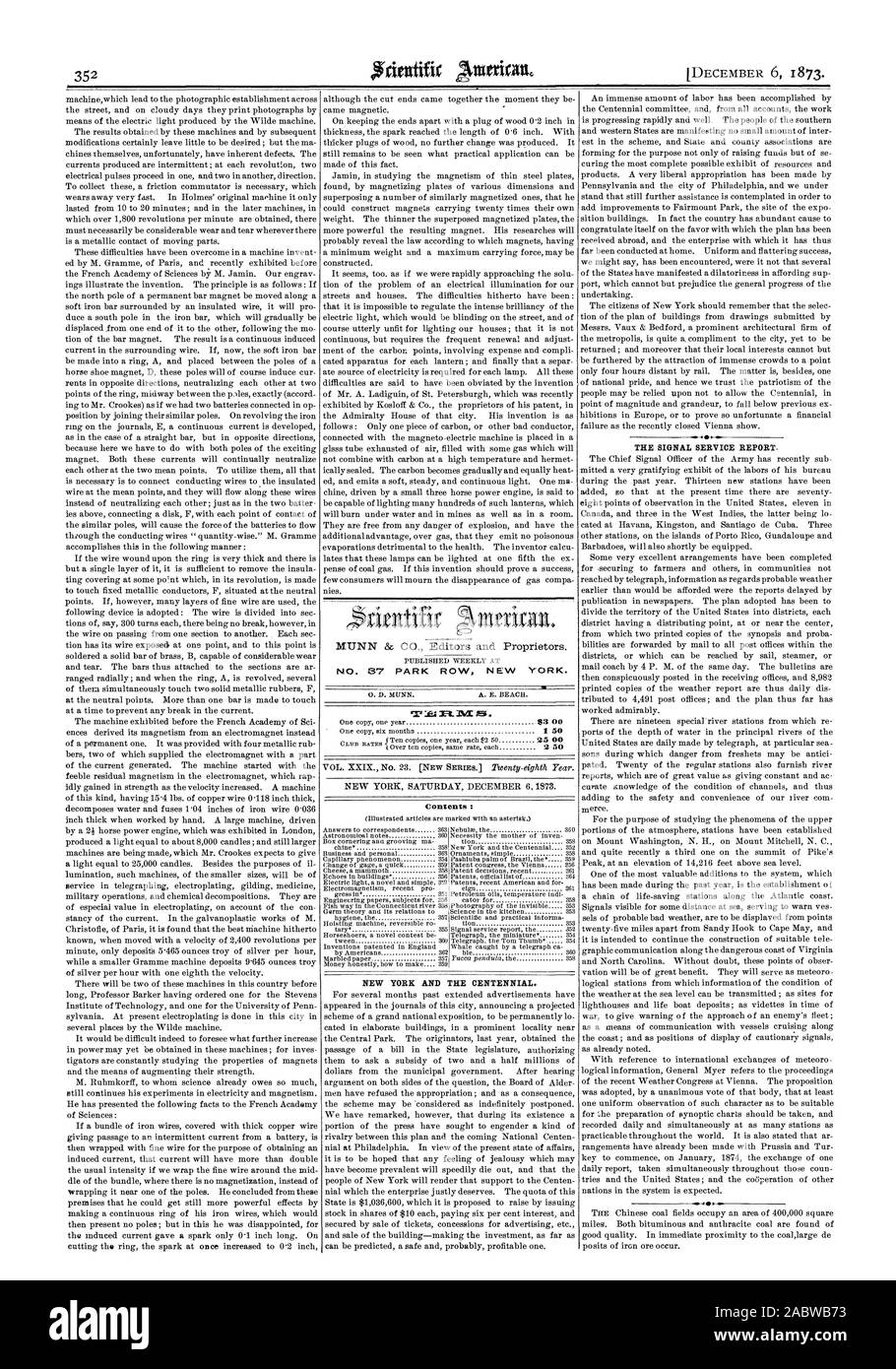 MUNN & CO. Editori e proprietari. N° 87 PARK ROW NEW YORK. " Xi :fart 3a.ivx . NEW YORK e il Centennial. Il segnale rapporto di servizio. Contenuto :, Scientific American, 1873-12-06 Foto Stock