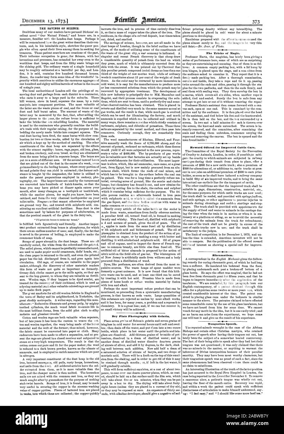 Piastra a secco la fotografia con gelatina. I trucchi di magia. Offerta di ricompensa per migliorare bestiame vetture. I reumatismi. Discorso Tongueless., Scientific American, 1873-12-13 Foto Stock