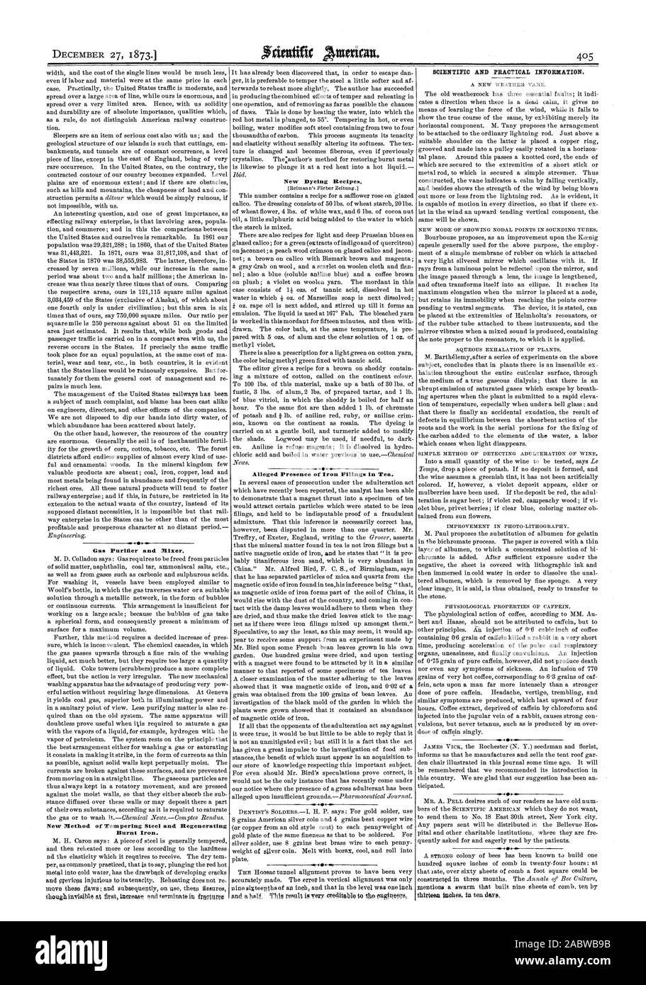 Apparecchiatura per la purificazione di gas di scarico e del miscelatore. Ferro bruciato. Nuove ricette di tintura. Presunta Presenza di limatura di ferro nel tè. 1., Scientific American, 1873-12-27 Foto Stock