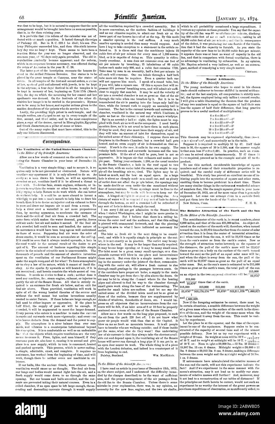 Aritmetica mentale. La relativa attrazione della terra e del sole, Scientific American, 1874-01-31 Foto Stock