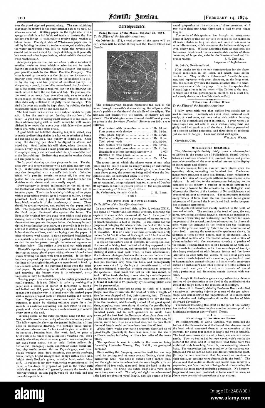 Xclipse totale della luna 24 ottobre 1874. Il Pesce diavolo di Terranova. Velenoso coloranti di anilina. Mostra microscopici. Fisiologia dei gemelli siamesi., Scientific American, 1874-02-14 Foto Stock