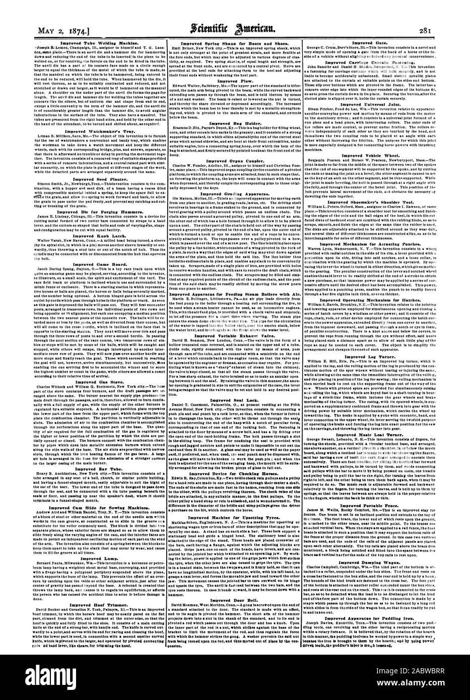 Portatile migliorato recinzione recinzioni. Una staffa è impostata in una posizione inclinata e si estende verso la parte superiore della recinzione. Il rinforzo del piede la cui estremità inferiore si appoggia a terra migliorato Carro di dumping. Apparecchiatura perfezionata per la copertura del ferro. entro un forno rotante. Si ritiene che mediante la rotazione della suola, Scientific American, 1874-05-02 Foto Stock