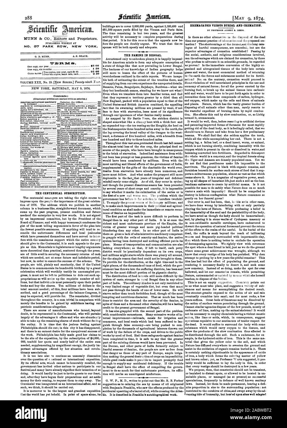 Il Centennial abbonamento. che il mondo ha ancora guardavo. Nel punto dello spazio da solo la sua carestia nel Bengala. EREMACAITSIS VERSUS sepoltura e cremazione. Dal PROFESSOR ALBERT B. LEEDS. N° 87 PARK ROW NEW YORK. Contenuto :, Scientific American, 1874-05-09 Foto Stock