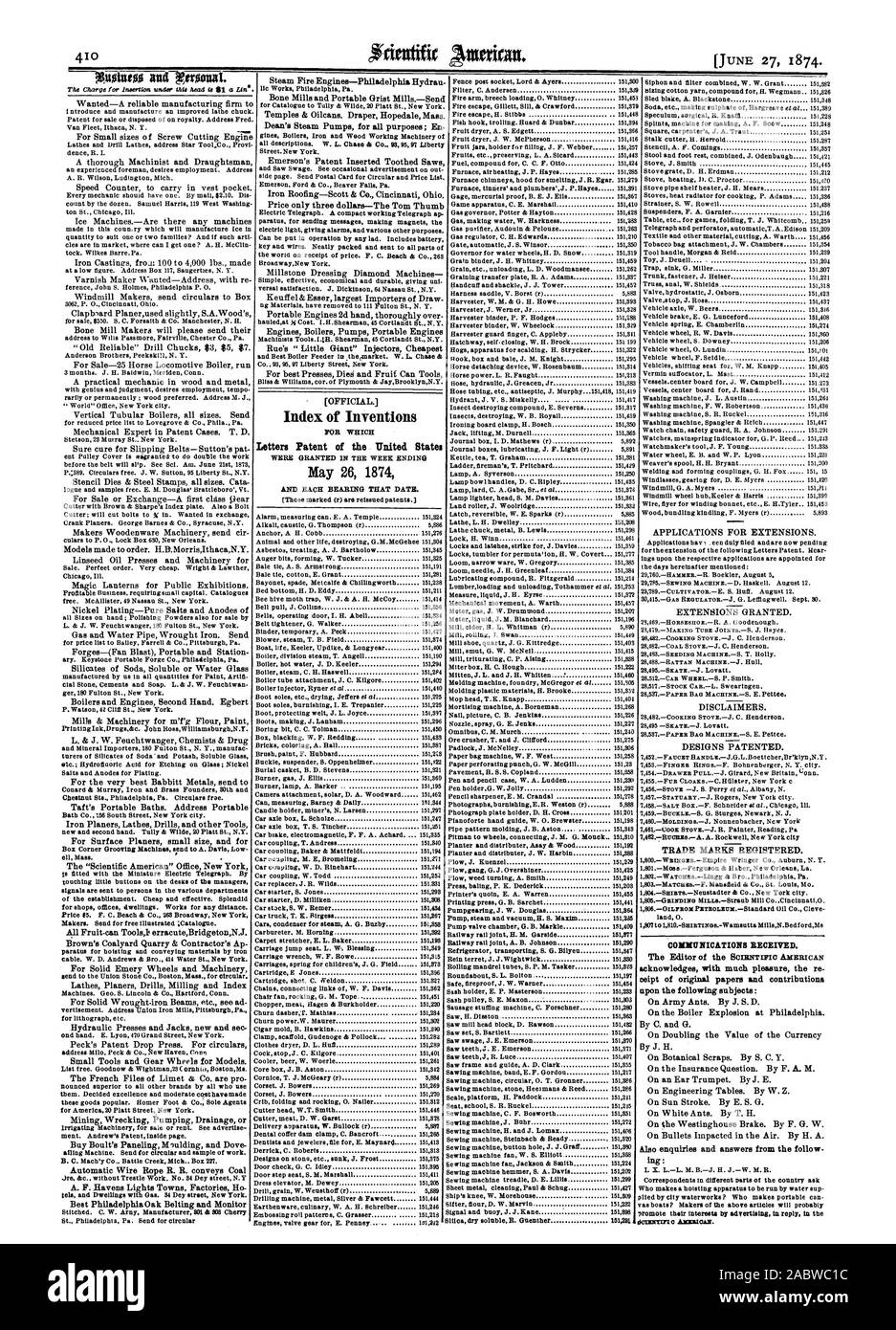 Promuovere i loro interessi da adyertielng in risposta al dOEILECITFIci Un:lamento. Indice delle invenzioni lettere di Brevetto degli Stati Uniti. 26 maggio 1874, Scientific American, 1874-06-11 Foto Stock