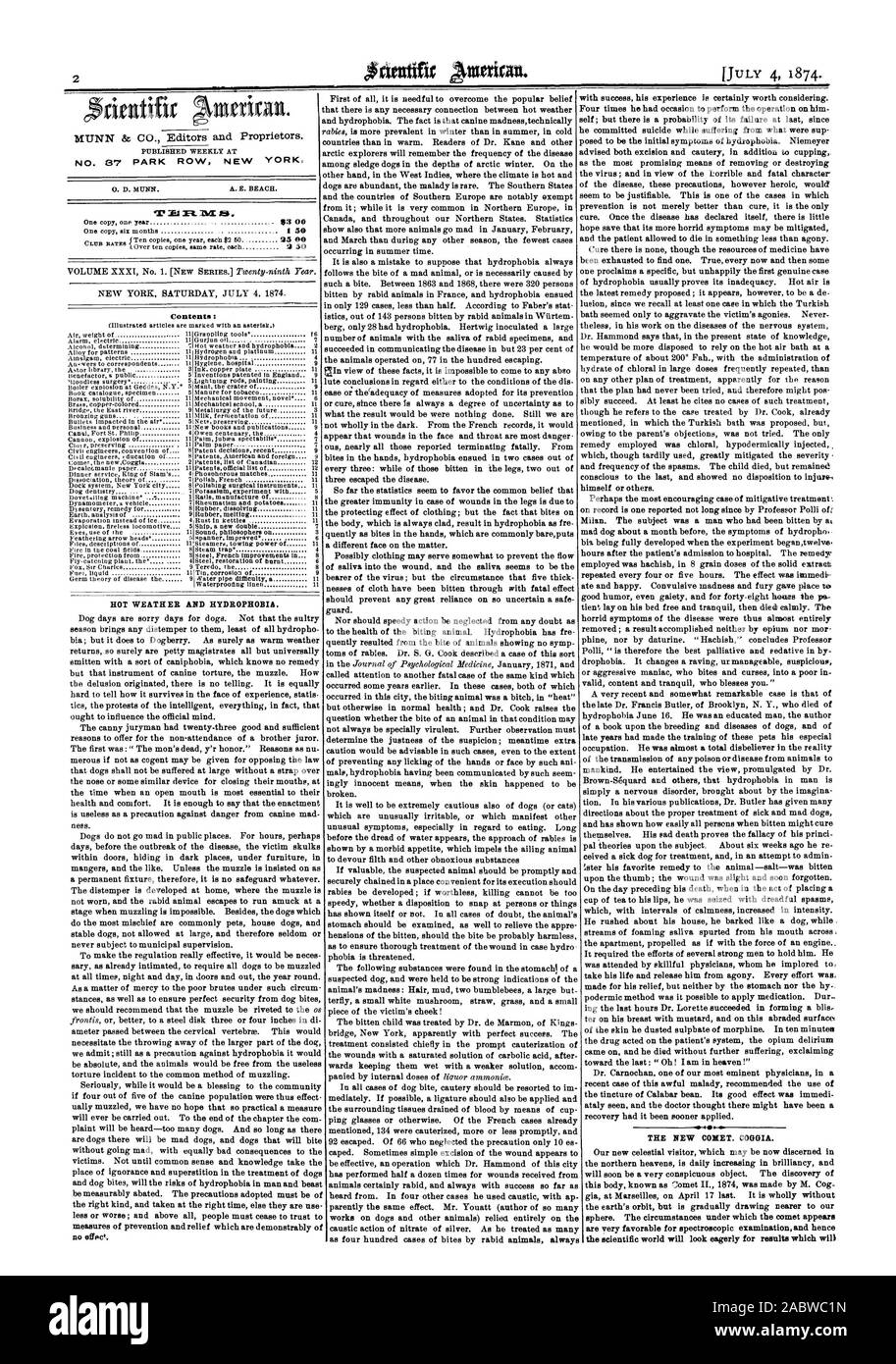 N° 87 PARK ROW NEW YORK congeniale la nuova cometa. COGGIA. Il mondo scientifico avrà un aspetto con impazienza i risultati che sarà caldo e idrofobia., Scientific American, 1874-07-04 Foto Stock