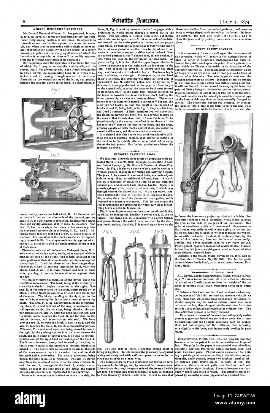 Un nuovo movimento meccanico. Migliorati gli strumenti di agganciamento. . Stagno di chiave di brevetto. Restauro di acciaio bruciato., Scientific American, 1874-07-04 Foto Stock