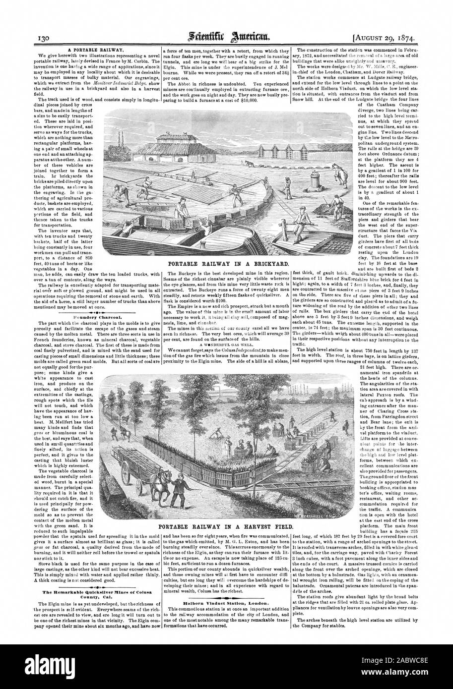 Una stazione portatile Foundery Carbone. La notevole Quicksilver Miniere della contea di Colusa Cal. Stazione portatile in una fornace. Holborn Viaduct Stazione di Londra. formazioni che si sono verificati. Stazione portatile in un campo di raccolta., Scientific American, 1874-08-29 Foto Stock