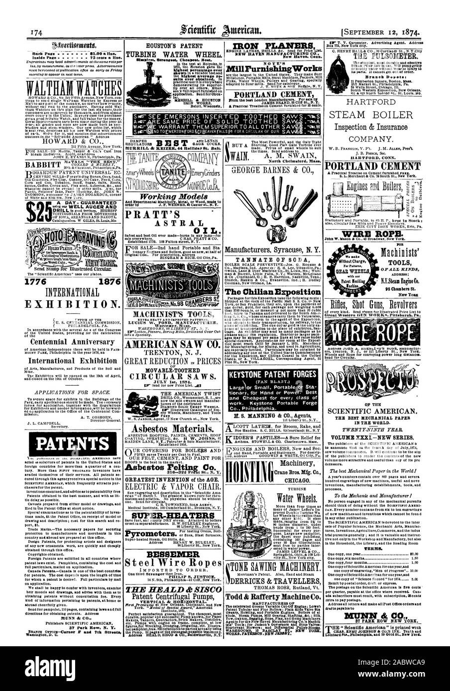 Il 12 settembre 1874. Mostra. Centenario mostra internazionale dei brevetti BELE HEEIOE-43 F e 7 strade Wasaington D. C. HOUSTON Slaopl brevetto.mt. Più economici più forti. Migliori. Presenza di materiali contenenti amianto. Grande invenzione dell'età. SUPER-riscaldatori BESSEMER Funi e cavi in filo d'acciaio PHILIP S. GIUSTIZIA L'HEA.LD & &TW brevetto pompe centrifughe verticali e orizzontali. Ferro pialle New Haven. Conn.. Mill rurnishingWorks cemento portland DERRICKS & VIAGGIATORI Todd & Rafferty Machine Co. AMERICAN VIDE CO. Seghe circolari. Luglio let 1874. La torsione AMERICAN MACHINIST gli strumenti di modelli di lavoro PRATT'S OLIO astrale Foto Stock