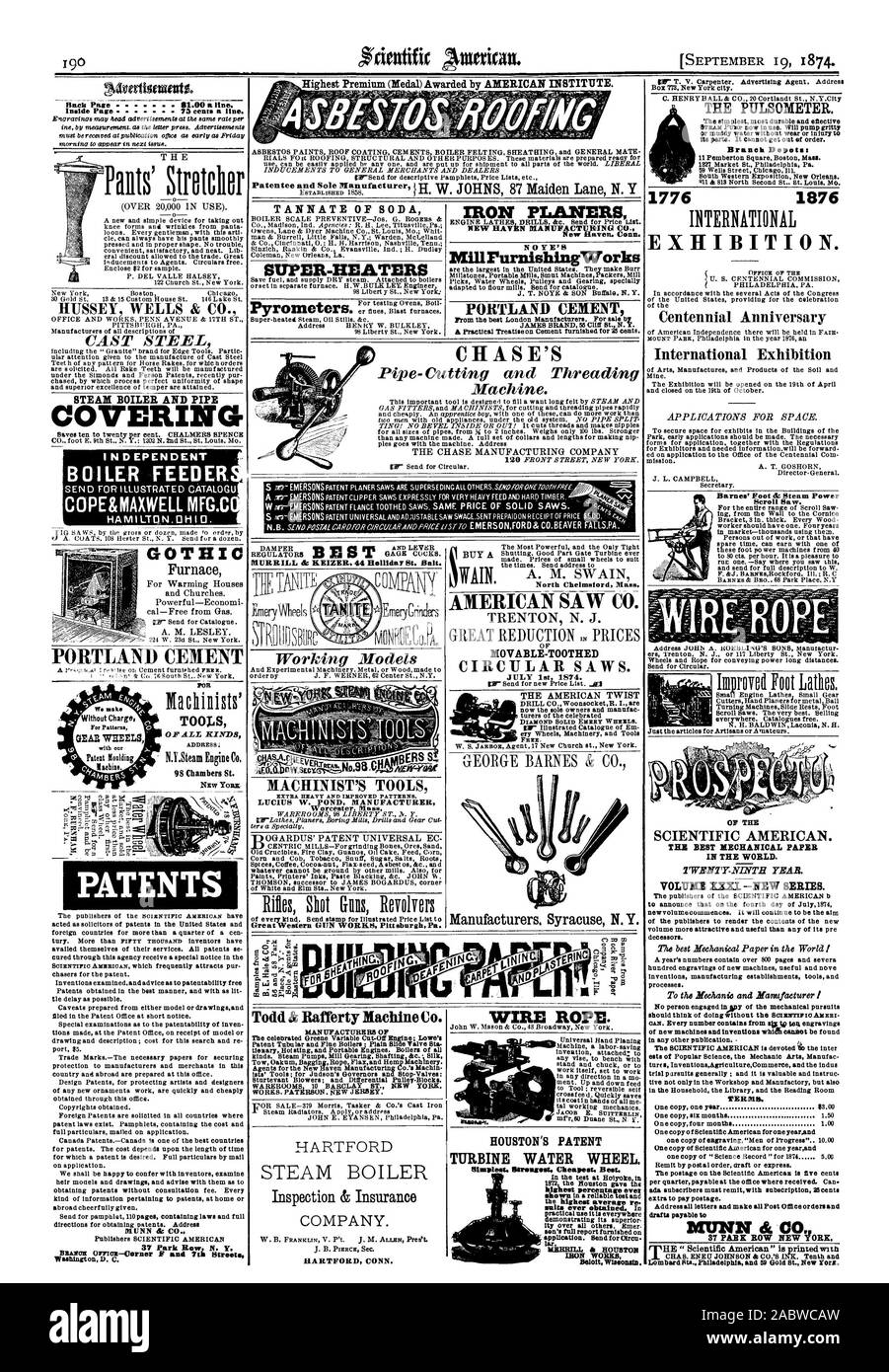 Dimostrando la sua ità superiore rispetto a tutti gli altri. Emer figlio il rapporto completo arredate dell'applicazione. Inviare per circuiti di catrame. MERRILL & HOUSTON Iron Works Wiseonsin Barnes' piedi & Potenza vapore scorrere Sega., Scientific American, 1874-09-19 Foto Stock