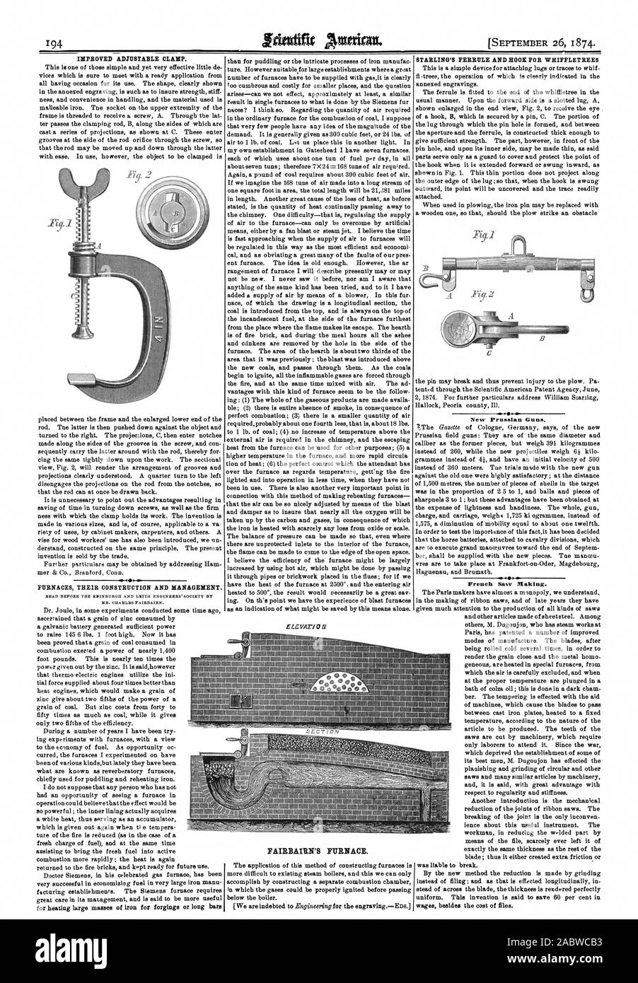 Miglioramento fascetta regolabile forni la loro costruzione e gestione. rispetto per la copertura o i processi complessi di ferro manufac STARLING FERULA E GANCIO PER WHIFFLETREES francese Plaking Sega. salario oltre la folaga di file. FAIRBAIRN IL FORNO., Scientific American, 1874-09-26 Foto Stock