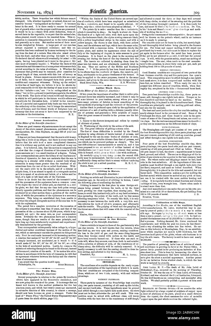 Accelerazione lunare. Il Bug di patate. Anilina coloranti neri. La puntellatura in cavalli. Miglioramento del Gas storte. Crogioli., Scientific American, 1874-11-14 Foto Stock