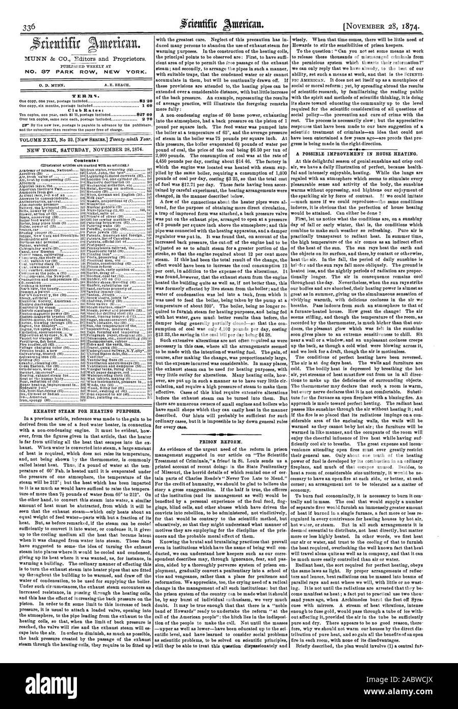 N° 37 PARK ROW NEW YORK. Il vapore di scarico a fini di riscaldamento. La riforma carceraria. Un possibile miglioramento IN CASA RISCALDAMENTO., Scientific American, 1874-11-28 Foto Stock