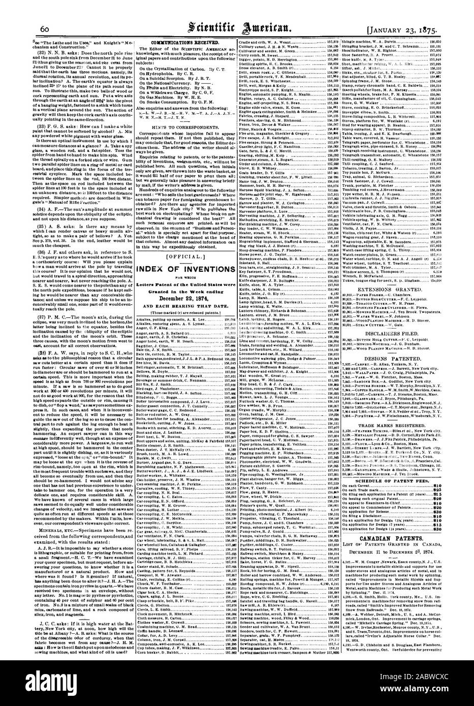 Indice delle invenzioni lettere di Brevetto degli Stati Uniti sono stati concessi per la settimana che termina il 22 dicembre 1874 e ogni cuscinetto che data. Elenco delle tasse principali in materia di brevetti. I brevetti Canadesi., Scientific American, 1875-01-23 Foto Stock