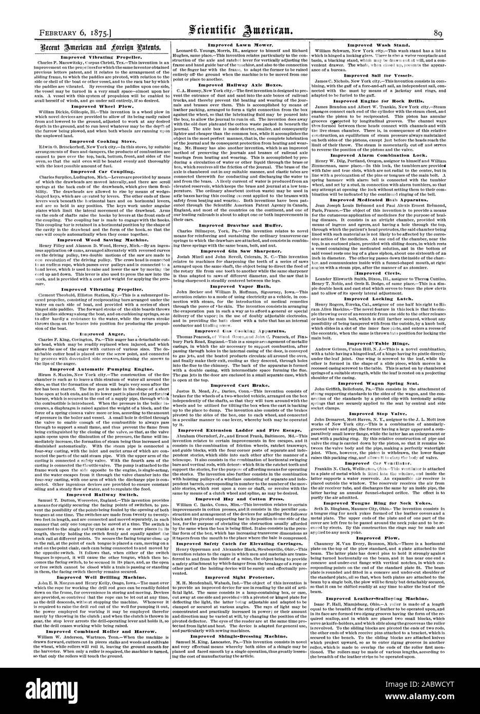 Migliorata elica vibrante. Ruota perfezionata aratro. Miglioramento Fornello. Auto migliorato accoppiamento. Migliorato il legno macchina segatrice. Migliorata elica vibrante. Coclea migliorato. Miglioramento automatico di pompaggio motore. Migliorata l'interruttore ferroviaria. Migliorata la perforazione di un pozzo macchina. Migliorato il rullo combinato e Harrow. Miglioramento del tosaerba. Miglioramento dell'assale ferroviaria Caselle. Barra di traino migliorata e tampone. Migliorato il Gin vide temperino. Miglioramento del bagno di vapore. A Gas perfezionato apparato di cottura. Carrello perfezionato il freno. Migliorata la scaletta di estensione e la via di fuga in caso di incendi. Miglioramento del fieno e il cotone premere. Il miglioramento della sicurezza di cattura per elevare Foto Stock