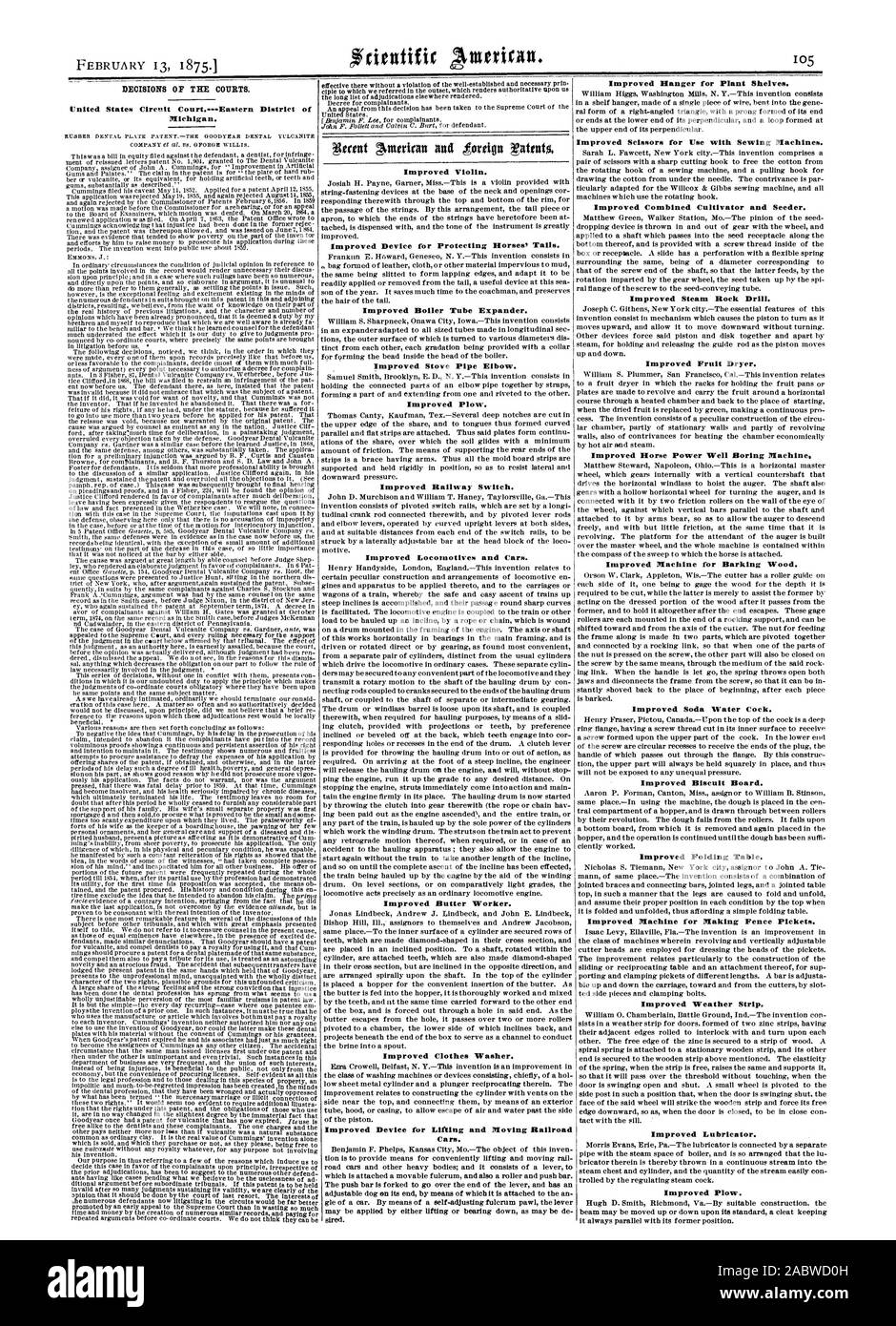 Le decisioni dei tribunali. Stati Uniti Circuit Court.Distretto orientale del Michigan. mento del riemesso lettere di brevetto No. 1904 concessi all'ebanite dentale azienda assegnataria di Giovanni A . Cummings per ' miglioramento nelle gengive artificiali e i palati.' La rivendicazione di brevetto è per la piastra del disco rub ber cr ebanite o un suo equivalente per il contenimento di denti artificiali o di denti e gengive sostanzialmente come descritto.' per il Consiglio di Amministrazione di esaminatori che il movimento è stato negato. Il 20 Marzo" un rinnovato la domanda w &interramento. Il 7 aprile 1863 l' Ufficio dei brevetti ha scritto al Cummings acknowledg orecchia t hat ingiustizia era stato Foto Stock