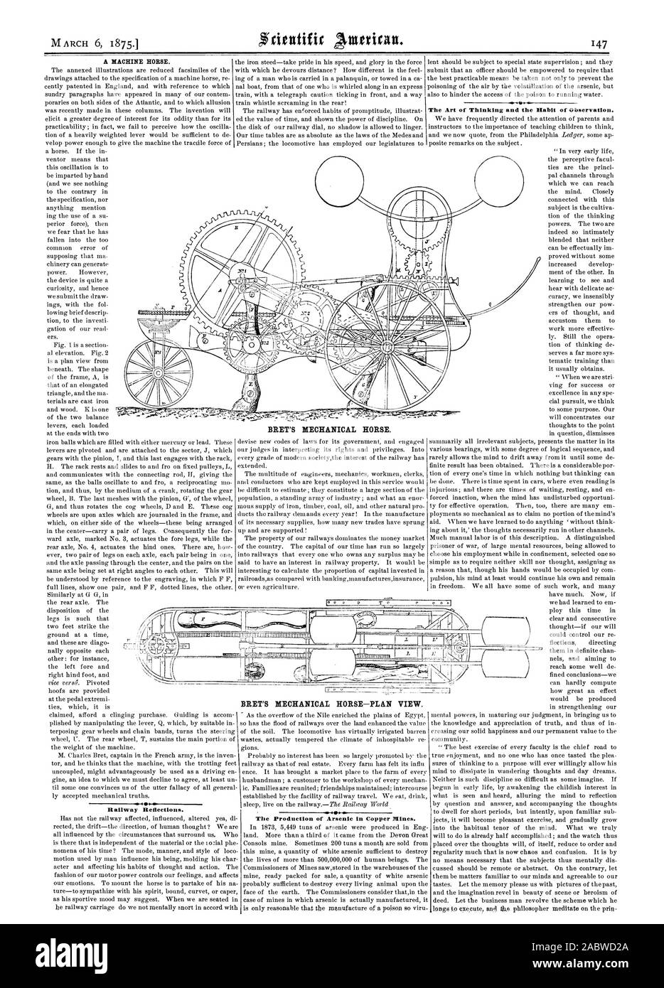 Il 6 marzo 1875. Una macchina a cavallo. Riflessioni ferroviarie. L'arte di pensare e l abitudine di osservazione. La barbabietola meccanici del Cavallino. Il BRET del cavallo meccanico-vista in pianta. La produzione di arsenico di miniere di rame., Scientific American, 1875-03-06 Foto Stock