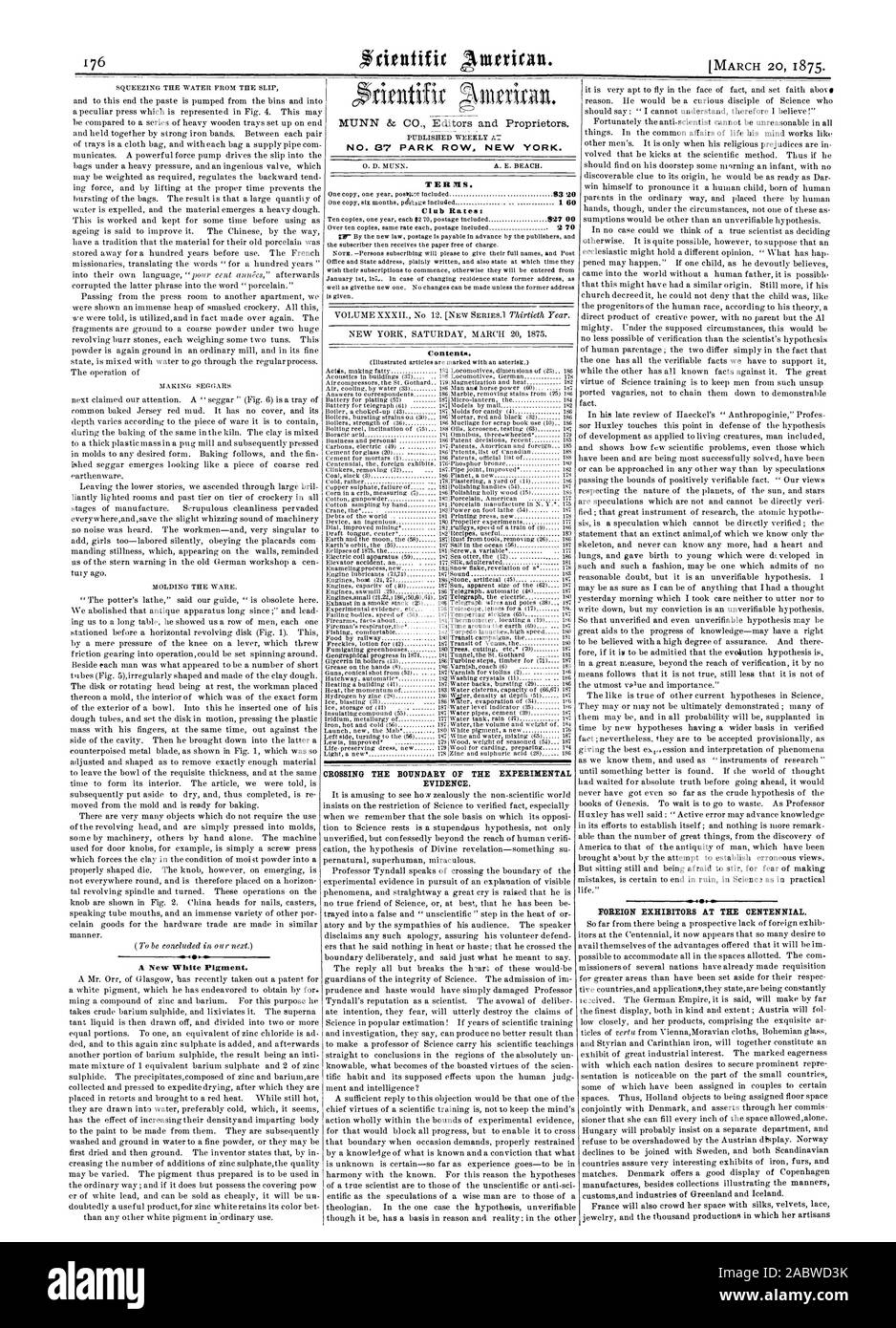 176 N° 87 PARK ROW NEW YORK. Attraversando il confine delle prove sperimentali. Espositori esteri in occasione del centenario., Scientific American, 1875-03-20 Foto Stock