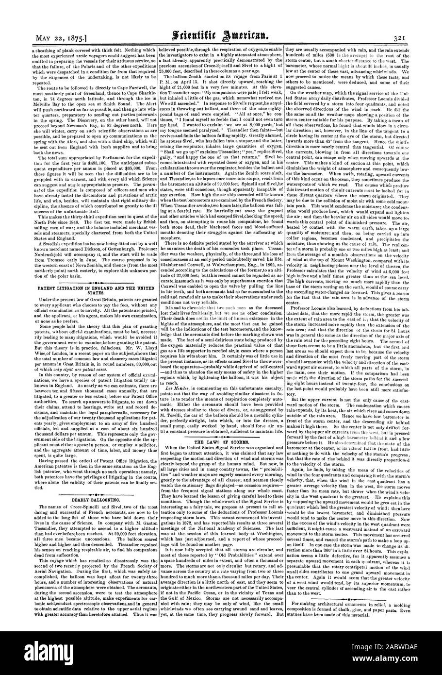 Controversie IN MATERIA DI BREVETTI IN INGHILTERRA E NEGLI STATI UNITI. BALLOONING mortale. Le leggi di tempeste., Scientific American, 1875-05-22 Foto Stock