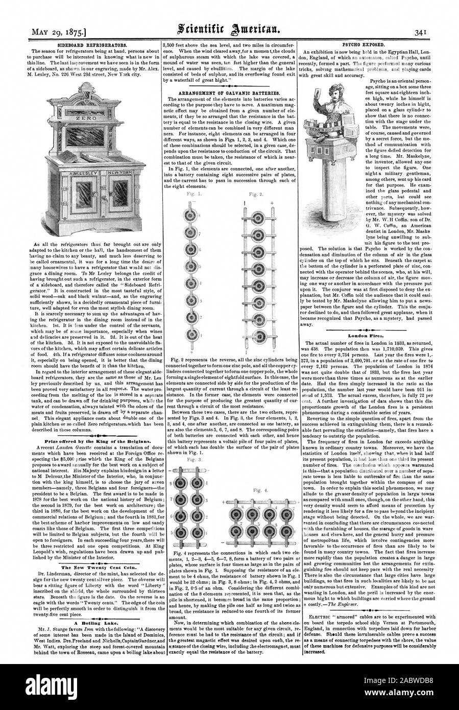 Credenza frigoriferi. La disposizione delle batterie galvanica. Psico esposta. Gli incendi di Londra. Premio offerto dal re dei Belgi. Il nuovo venti cento Coln. Un lago bollente., Scientific American, 1875-05-29 Foto Stock