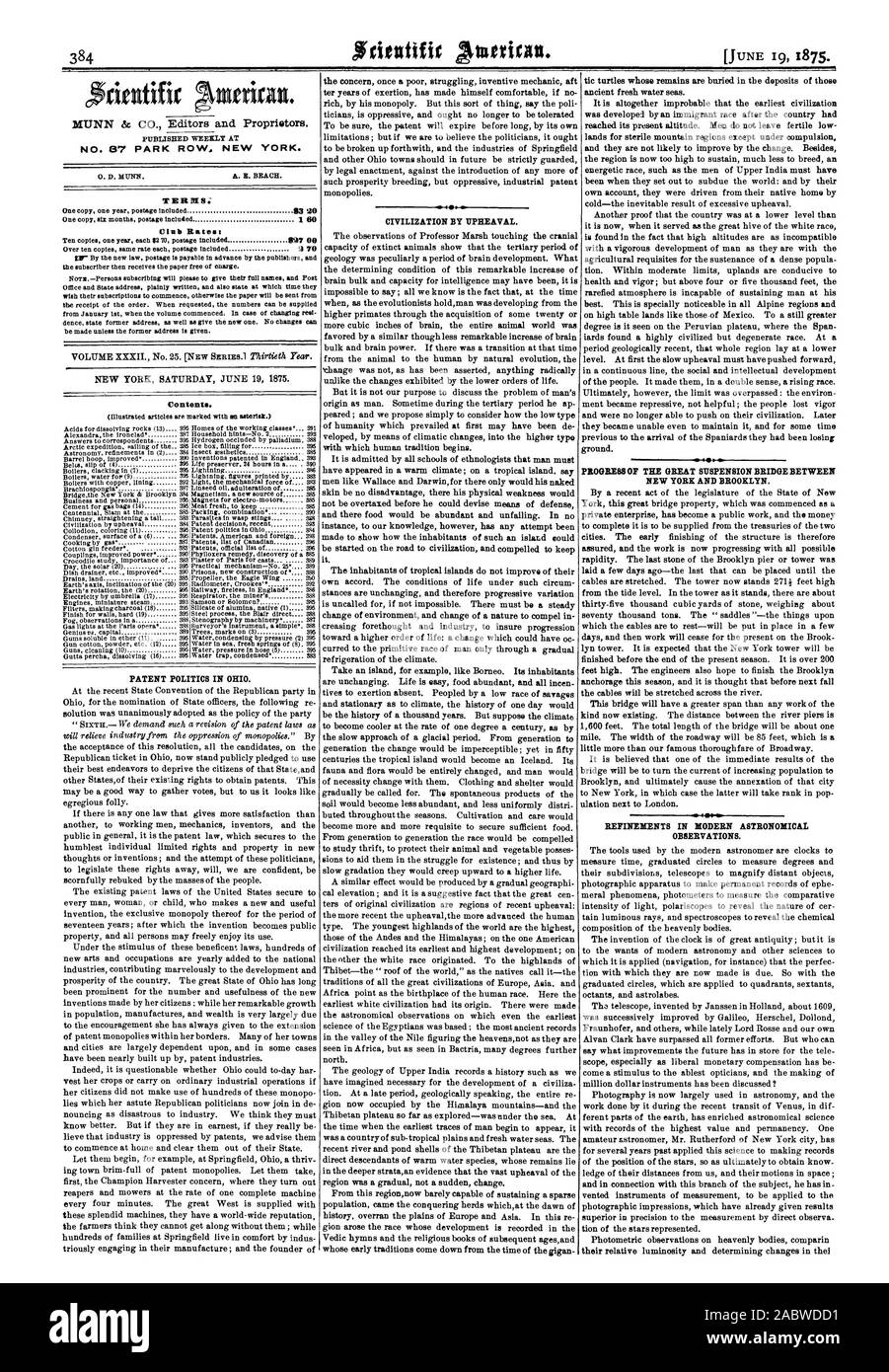 MUNN & CO. Editori e proprietari. N° 87 PARK ROW NEW YORK. Sterne Tariffe Club: contenuti. La politica di brevetti in Ohio. Civiltà di sconvolgimento.. Progressi del grande ponte di sospensione tra NEW YORK E BROOKLYN perfezionamenti nelle moderne osservazioni astronomiche. $320, Scientific American, 1875-06-19 Foto Stock