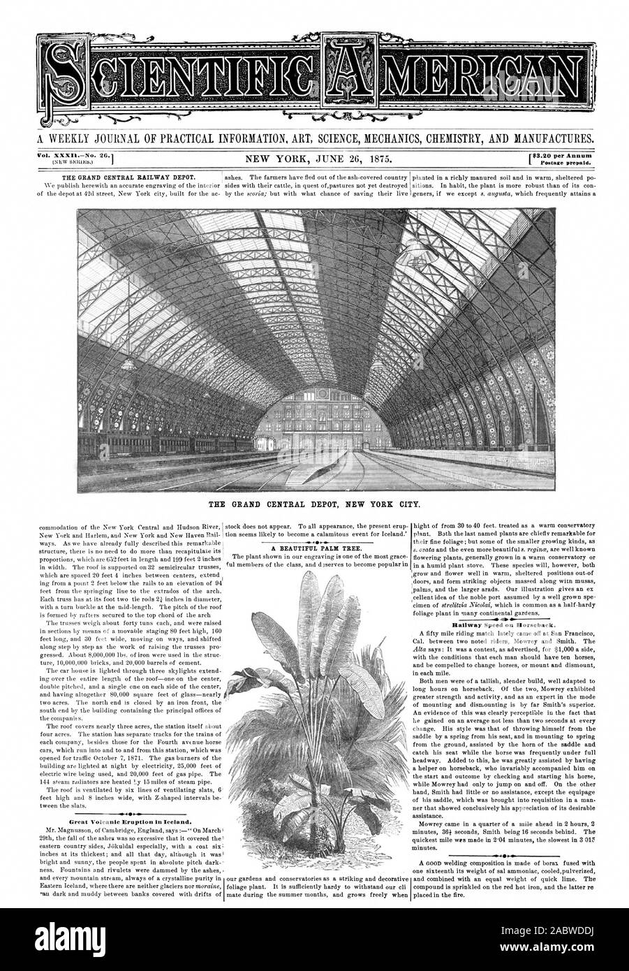 Un giornale settimanale di informazioni pratiche arte scienza meccanica e chimica produce. Il grande magazzino centrale di NEW YORK CITY. riff grande eruzione vulcanica in Islanda. Velocità ferroviaria a cavallo., Scientific American, 1875-06-26 Foto Stock
