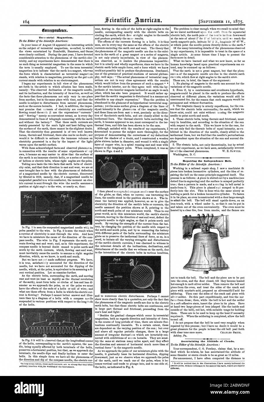 Settembre IO HO 1875. gorropontitact. Il magnetismo terrestre. La riparazione della campana di indipendenza. Accertare l'altitudine di nuvole., Scientific American, 75-09-11 Foto Stock