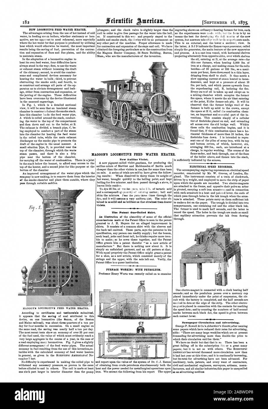 Nuovo locomotore l'acqua di alimentazione riscaldatore. violette. Forno lavora con petrolio. Velocità elettrica registratore. 0 la circolazione di giornali e pubblicità. MAGOON locomotiva dell acqua di alimentazione riscaldatore., Scientific American, 1875-09-18 Foto Stock