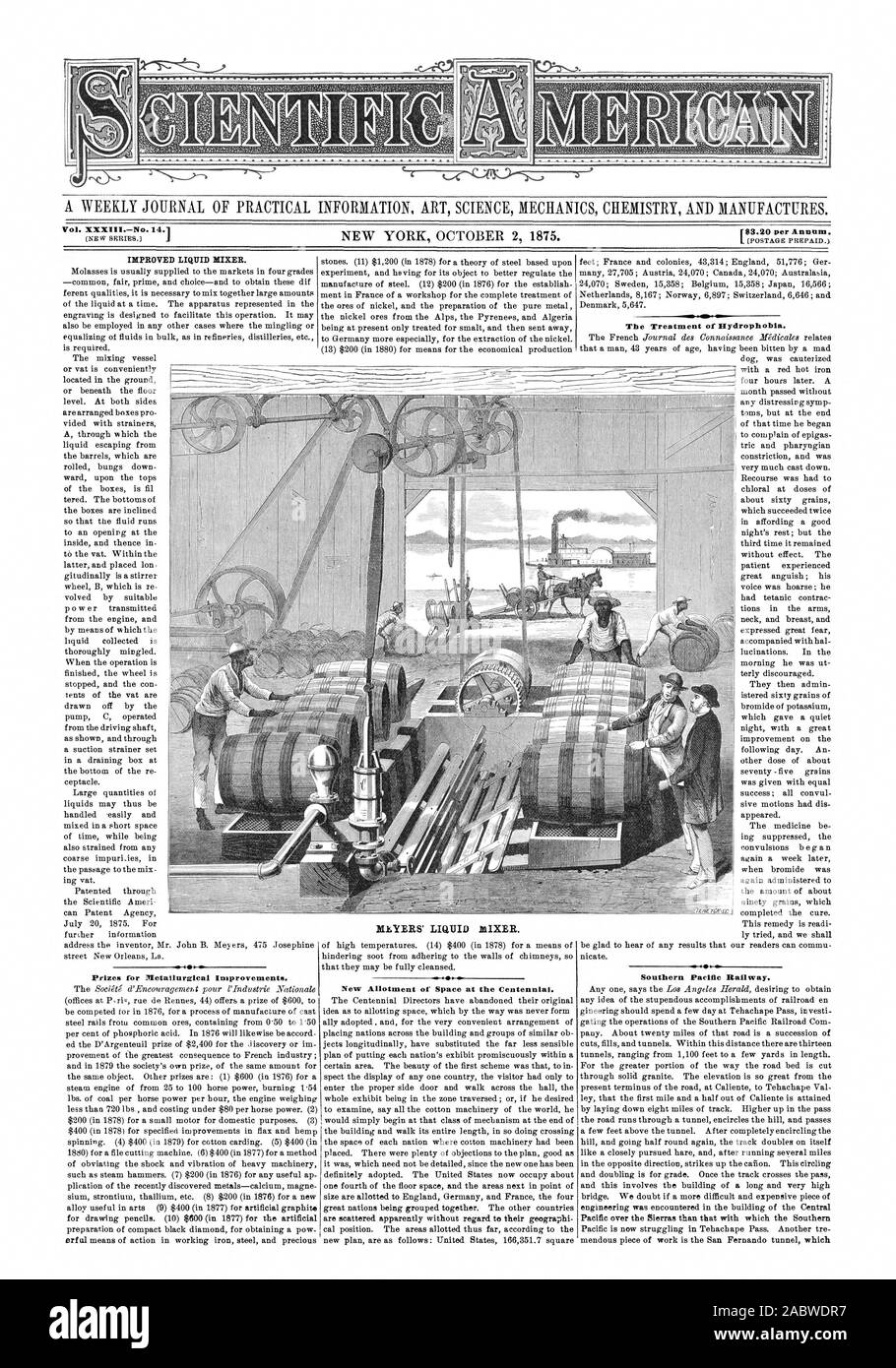 Un giornale settimanale di informazioni pratiche arte scienza meccanica e chimica produce. Vol. XXXIIINo.14. A NEW YORK IL 2 OTTOBRE 1875. 1$3,20 all'anno. Liquido migliorata mixer. Premi per Pletailumical miglioramenti. ifB :ANNI' laIXER liquido. Il trattamento di idrofobia. Pacifico Sud ferrovia., Scientific American, 1875-10-02 Foto Stock