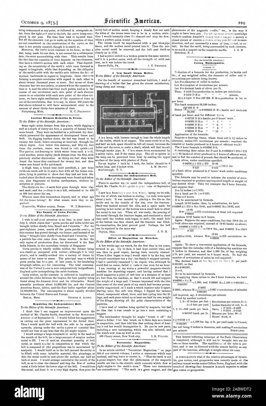 Una nuova piccola caldaia a vapore. La riparazione della campana di indipendenza. Per effetto del magnetismo sugli orologi Il magnetismo terrestre. Antichi resti umani in Texas. La fornitura di Gutta Perca. La riparazione della campana di indipendenza. Il cotone matematica., Scientific American, 1875-10-09 Foto Stock