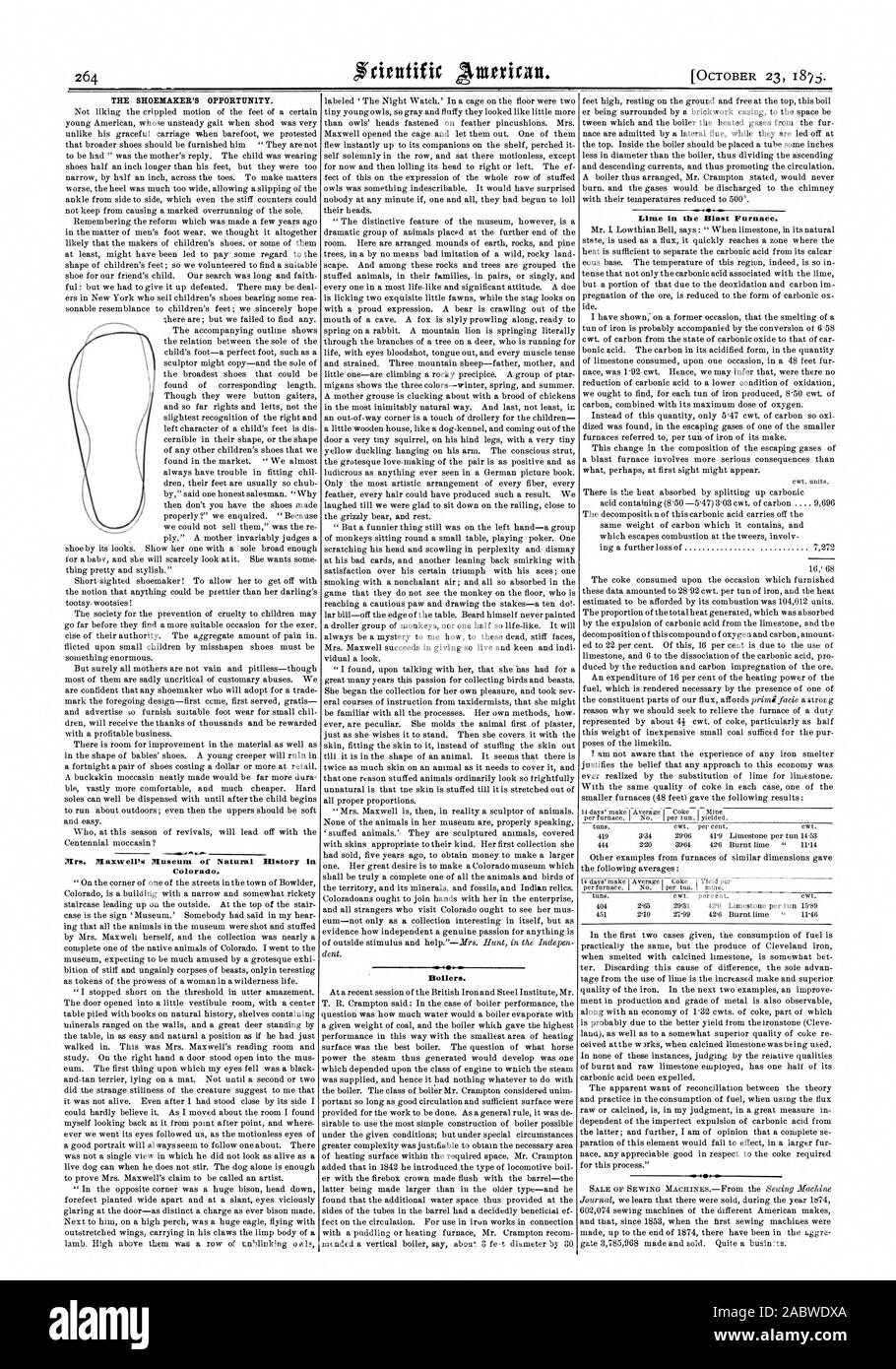 Il calzolaio di opportunità. La sig.ra di Maxwell Museo di Storia Naturale di caldaie. Lime in altoforno., Scientific American, 1875-10-23 Foto Stock
