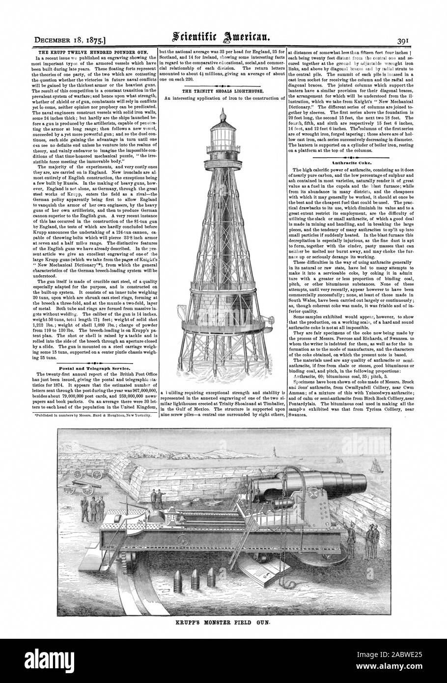 Il KRITPP MILLEDUECENTO POUNDER GUN. Servizi postali e di servizio del telegrafo. - La trinità sciami FARO. tnthracite Coke. La Krupp il monster del campo di pistola., Scientific American, 1875-12-18 Foto Stock