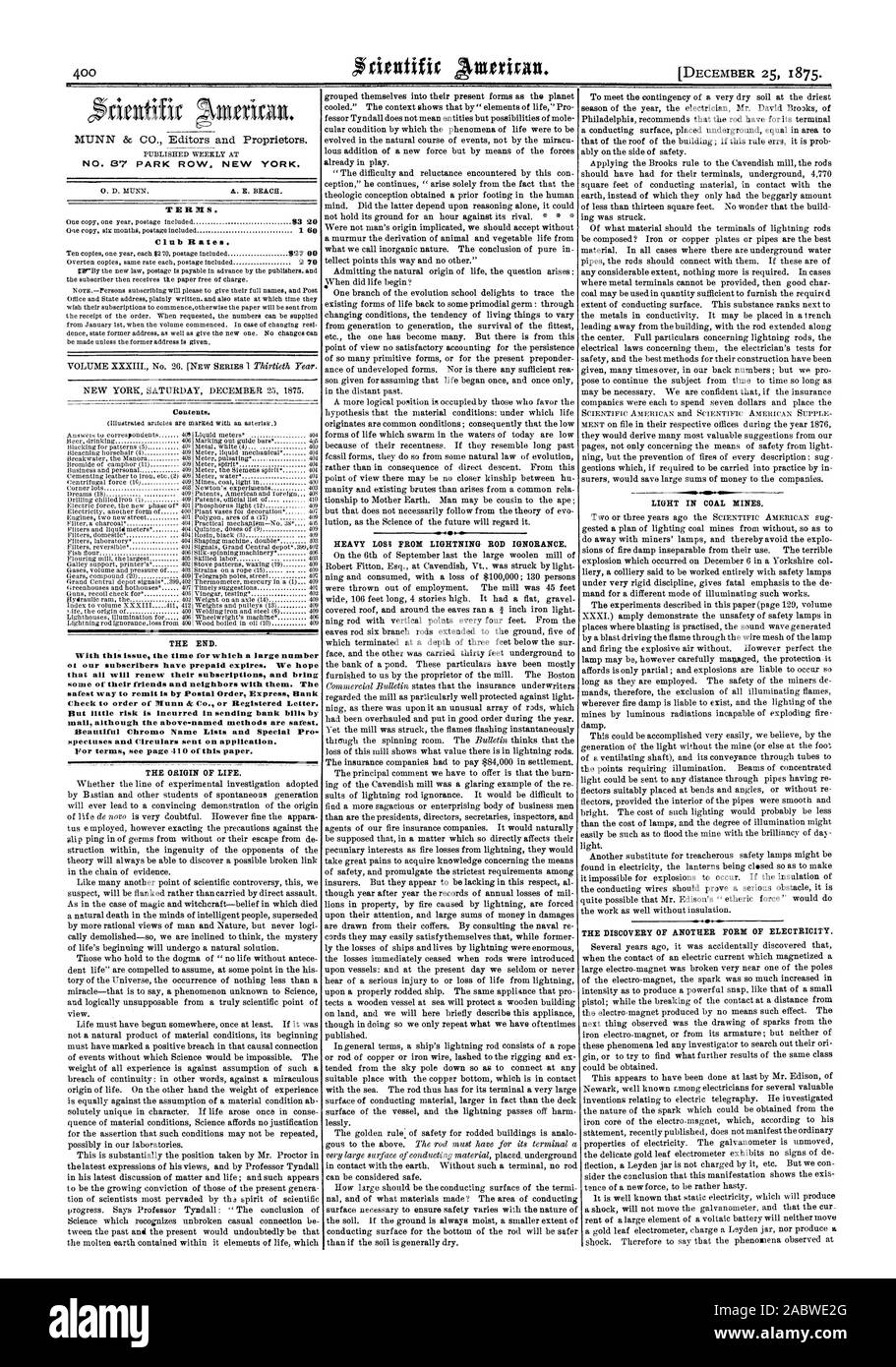 N° 87 PARK ROW. NEW YORK. Termini. Tariffe club. Contenuto. La fine. ot i nostri abbonati hanno scadenza prepagata. Ci auguriamo che tutti si rinnovano i loro abbonamenti e portare alcuni dei loro amici e vicini di casa con loro. Il modo più sicuro per mandato è tramite Vaglia Postale Express Assegno Bancario al fine di Munn itt Co. o lettera raccomandata. Ma poco rischio è sostenute in banca di invio delle fatture tramite posta elettronica anche se i suddetti metodi sono più sicure. Bella cromoterapia elenchi di nomi e di speciali Pr l origine della vita. Pesante perdita da parafulmine ignoranza. Luce nelle miniere di carbone. La scoperta di un'altra forma di elettricità Foto Stock
