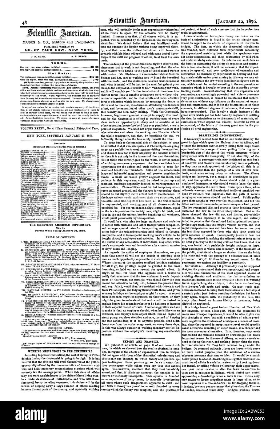 MUNN & CO. Editori e proprietari. N° 87 PARK ROW. NEW YORK. Termini. Tariffe club. Gli uomini di lavoro LE VISITE PER IL CENTENARIO. La teoria e la pratica. Incoerenza del ponte levatoio. Il Scientific American supplement. No. 4. Per la settimana che termina il 22 gennaio 18741., 1876-01-22 Foto Stock